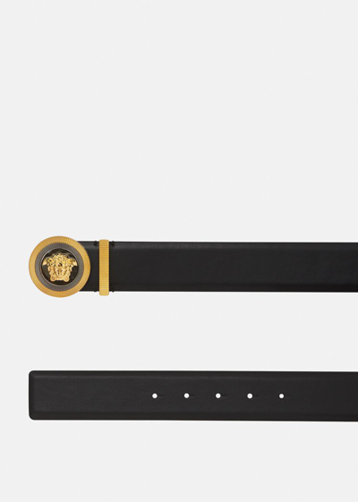 Versace Medusa Streamlined Leather Belt With Adjustable Length And Gold-tone Buckle In Black+gold