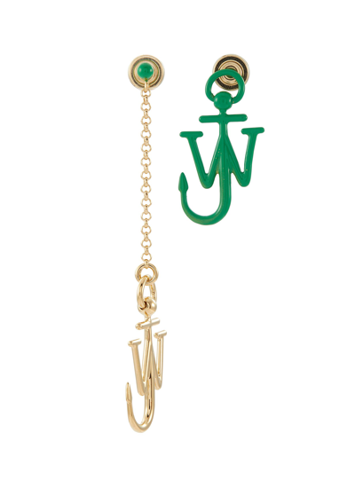 Shop Jw Anderson Enamel Gold-plated Asymmetric Anchor Drop Earrings In Green