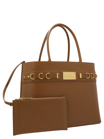 Shop Elisabetta Franchi Logo Plaque Shopping Bag In Brown