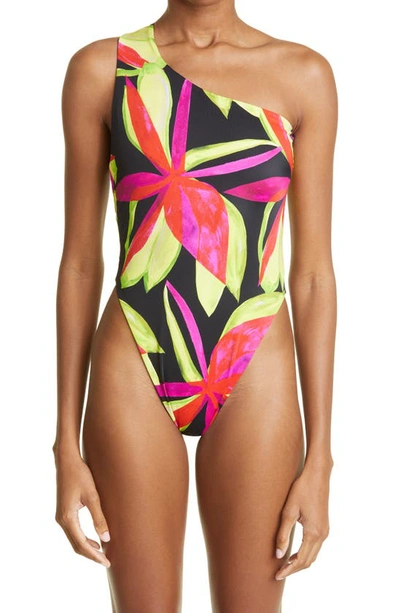 Shop Louisa Ballou Plunge One-shoulder One-piece Swimsuit In Electric Pink Flower