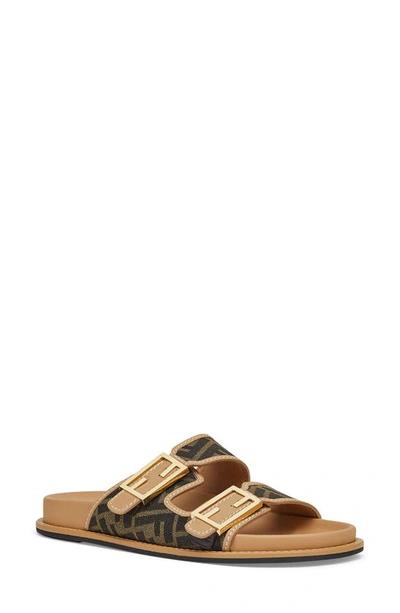 Shop Fendi Feel Busbet Baguette Dual Strap Slide Sandal In Tobacco Nero