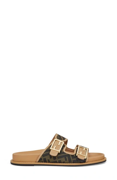 Fendi Ff Jacquard Dual Buckle Slide Sandals In Tobacco Nero