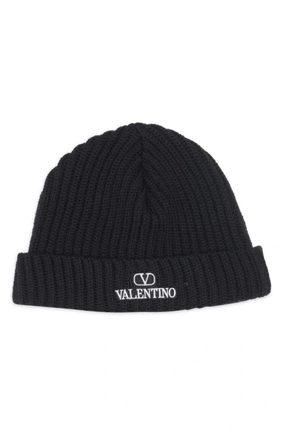 Shop Valentino Vlogo Ribbed Virgin Wool Beanie In Nero
