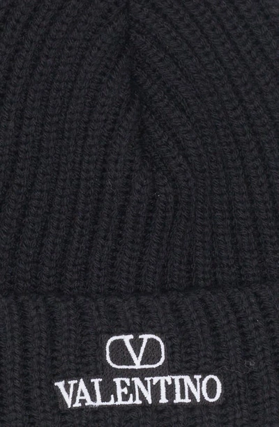 Shop Valentino Vlogo Ribbed Virgin Wool Beanie In Nero