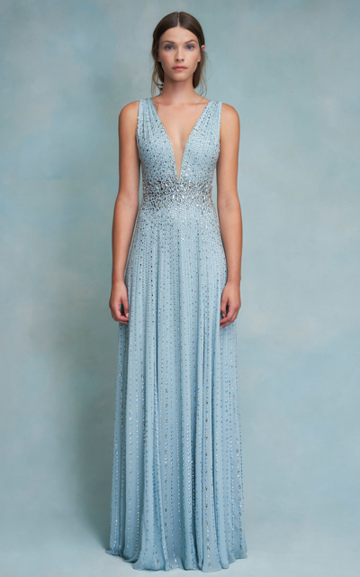 Jenny Packham Meredith Beaded Plunging Illusion Sleeveless Gown In Blue |  ModeSens