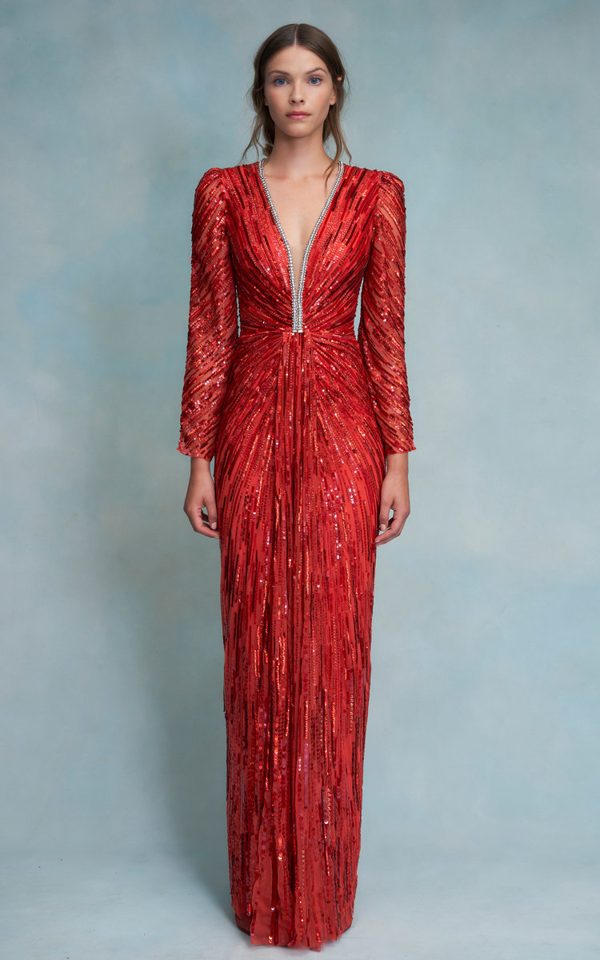 Jenny Packham embellished V-neck dress - Red