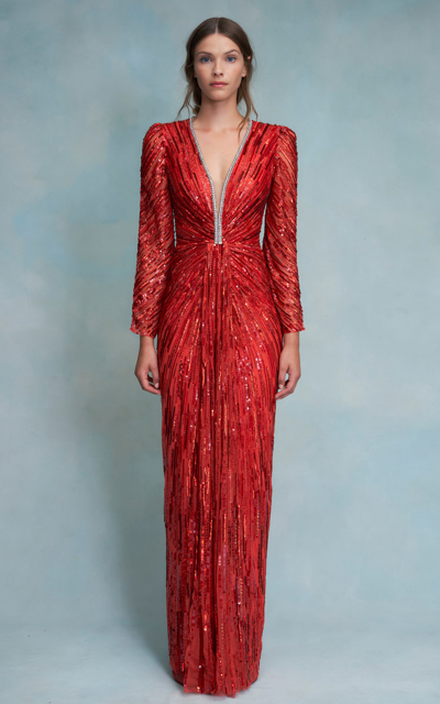 Shop Jenny Packham Women's Darcy Beaded Tulle Gown In Red