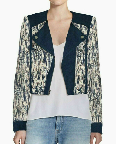 Pre-owned Bcbgmaxazria Gr Cody Texrured Jacquard Moto Jacke Dunkel China Blue