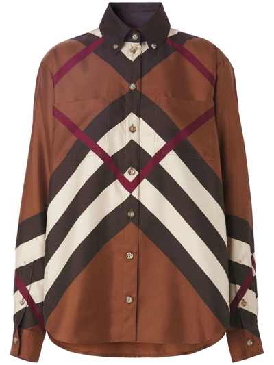 Shop Burberry Chevron Check-print Button-down Shirt In Braun