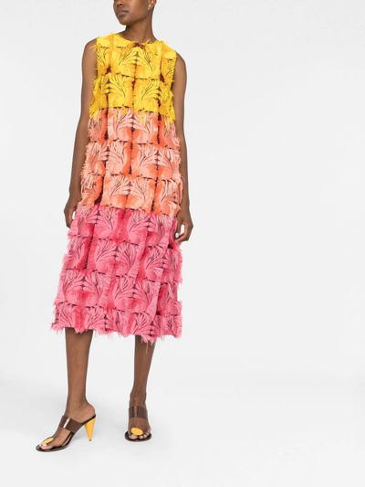 La Doublej Colorblock Patch Fringe-trim Midi Dress In Gelb