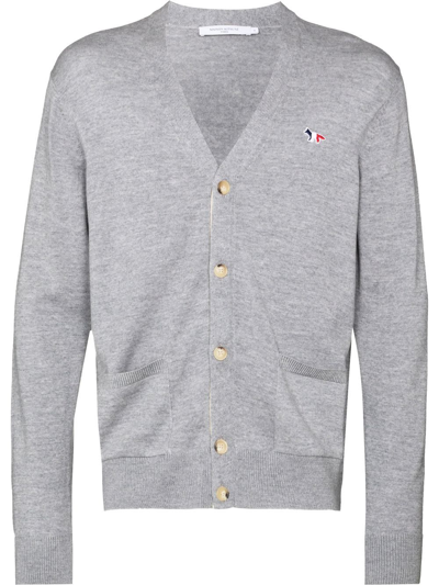 Shop Maison Kitsuné Embroidered-motif Button-fastening Cardigan In Grey