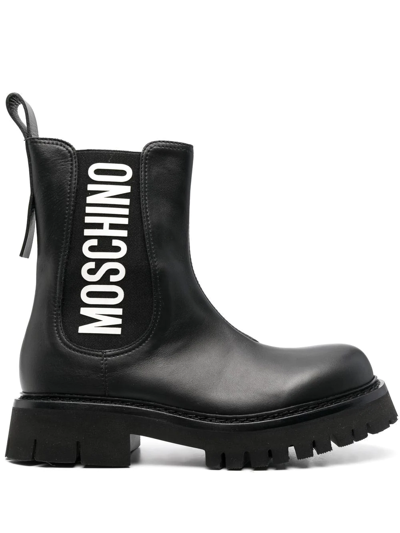 Shop Moschino Logo-print Leather Ankle Boots In Black