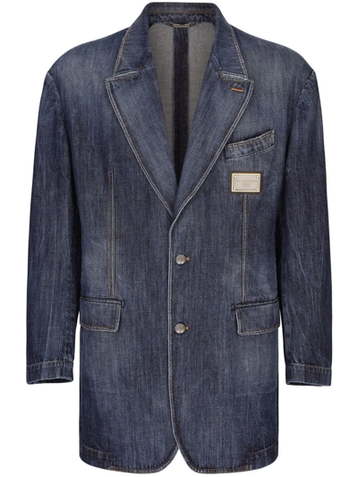 Shop Dolce & Gabbana Longline Denim Blazer In Blue