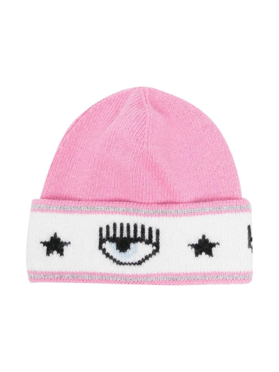 Shop Chiara Ferragni Eyelike-motif Knitted Beanie In Pink