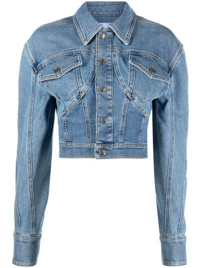 Shop Mugler Cropped Seam-detail Denim Jacket In Blue