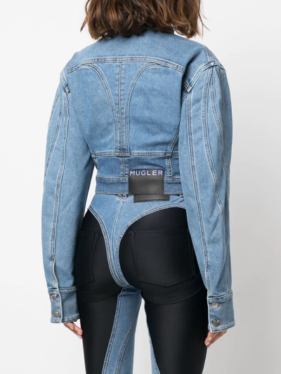Shop Mugler Cropped Seam-detail Denim Jacket In Blue