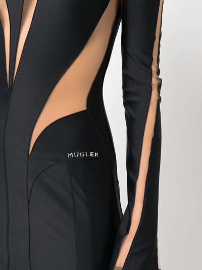 Shop Mugler Logo-plaque Sheer-panel Dress In Black