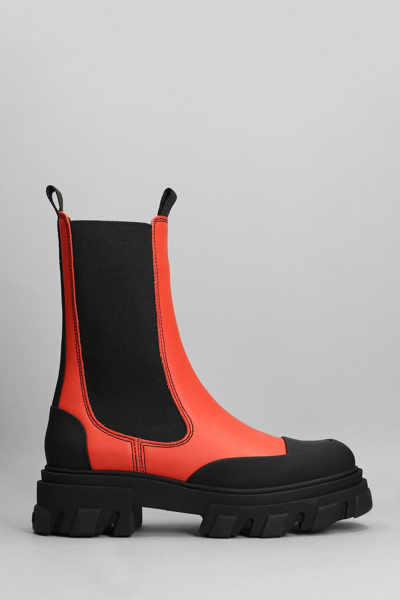 Shop Ganni Cleated Mid Chelsea Combat Boots In Red Leather