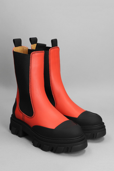 Shop Ganni Cleated Mid Chelsea Combat Boots In Red Leather