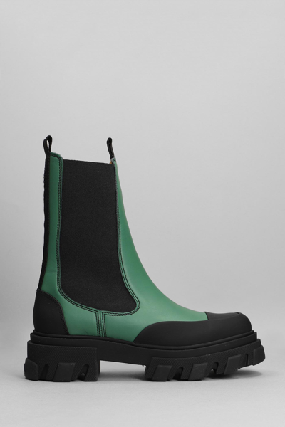 Shop Ganni Cleated Mid Chelsea Combat Boots In Green Leather