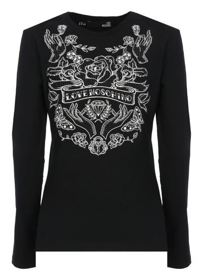 Shop Love Moschino T-shirt With Rhinestones In Black