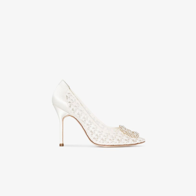 MANOLO BLAHNIK WHITE HANGISI 105 PEARL LACE PUMPS - WOMEN'S - FABRIC/LEATHER 222115917901765