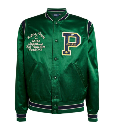 Shop Polo Ralph Lauren Satin Varsity Bomber Jacket In Green