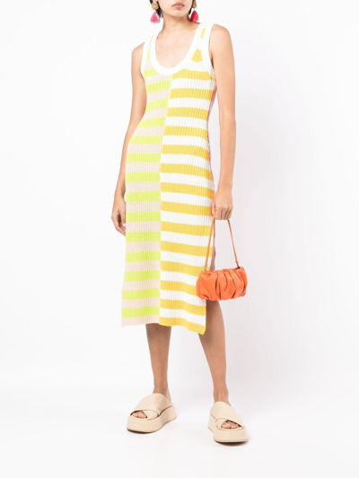 Shop Staud Ribbed-knit Striped Dress In Multicolour
