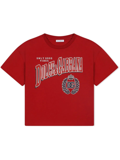 Shop Dolce & Gabbana Graphic Logo-stamp T-shirt In Red