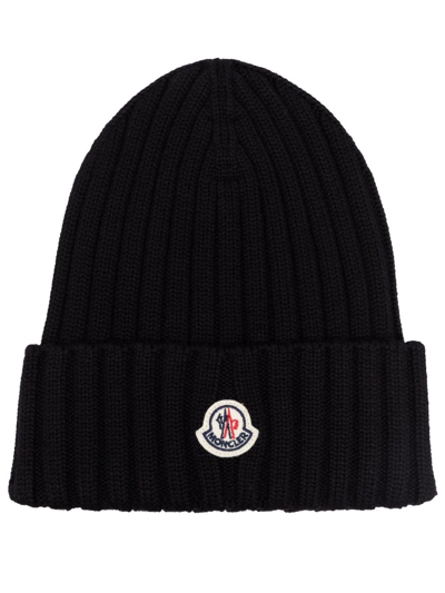 Shop Moncler Logo-patch Ribbed-knit Beanie In Black