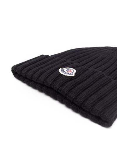 Shop Moncler Logo-patch Ribbed-knit Beanie In Black