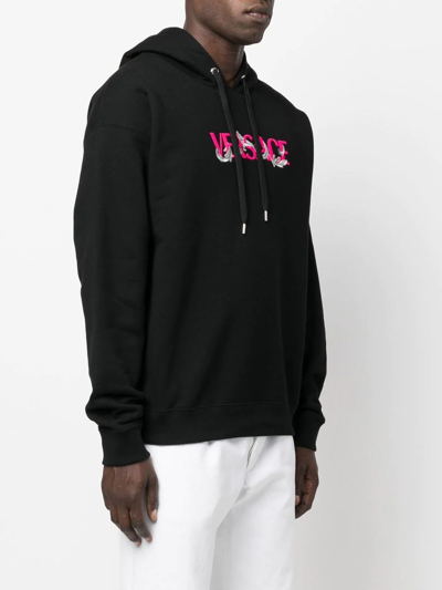 Shop Versace Logo-embroidered Drawstring Hoodie In Black