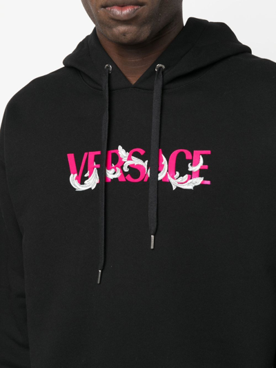 Shop Versace Logo-embroidered Drawstring Hoodie In Black
