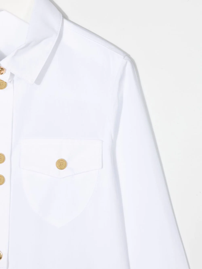Shop Balmain Embossed-button Long-sleeve Shirt In White
