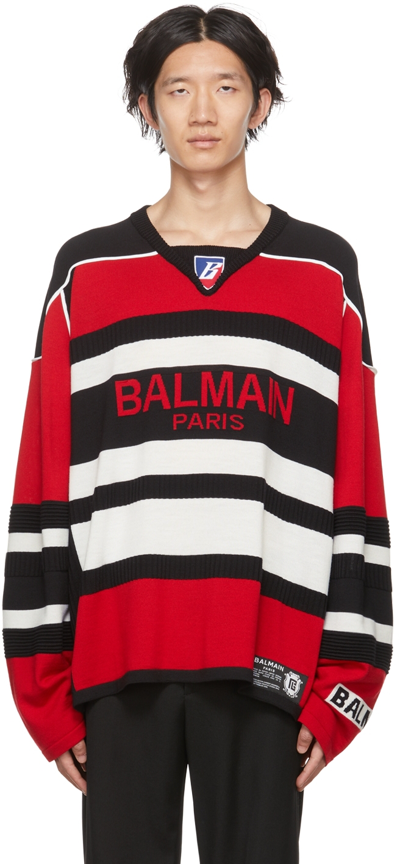 Shop Balmain Red B-sporty Sweater In Ebl Noir/rouge/blanc