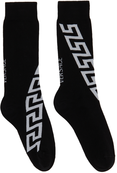 Shop Versace Black Greca Socks In 2b020 Nero+bianco