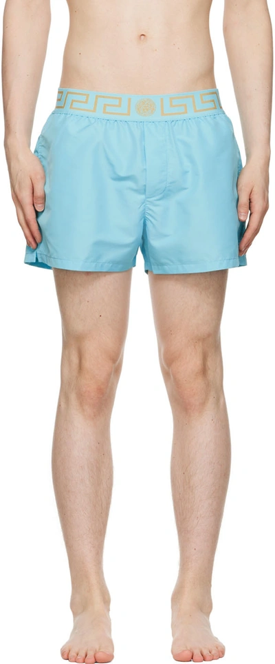 Shop Versace Blue Greca Border Swim Shorts In 2v070 Splas