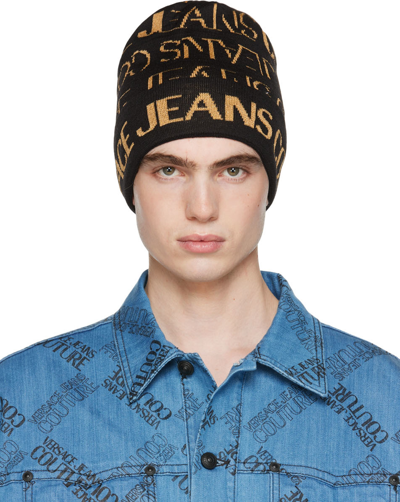 Shop Versace Jeans Couture Black & Gold Knit Beanie In Eg89 Black/gold