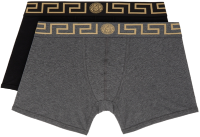 Shop Versace Two-pack Black & Gray Greca Border Boxers In A91m Gryblk