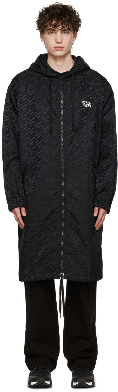 Shop Versace Black La Greca Trench Coat In 1b000 Black