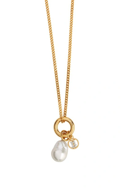 Shop Burberry Logo & Pearl Charm Circle Pendant Necklace In Lg/ Palladio/ White