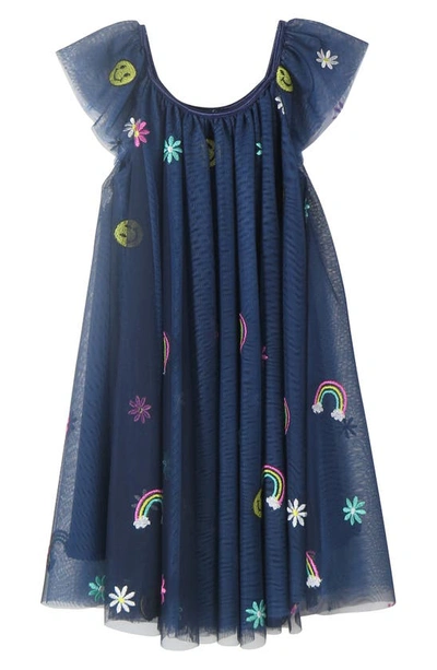 Shop Zunie Kids' Embroidered Flutter Sleeve Mesh Dress In Navy