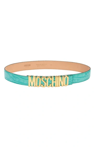 Shop Moschino Large Logo Croc Embossed Leather Belt In Green