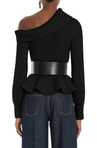Shop Alexander Mcqueen One-shoulder Turtleneck Peplum Sweater In Black