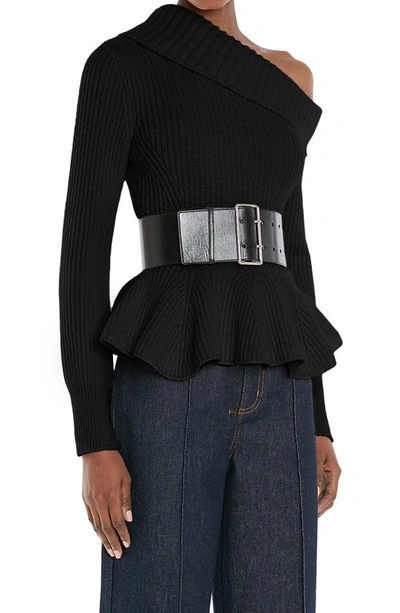 Shop Alexander Mcqueen One-shoulder Turtleneck Peplum Sweater In Black