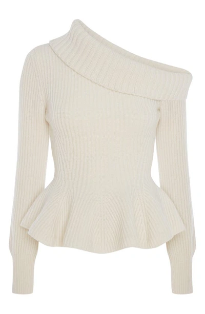 Shop Alexander Mcqueen One-shoulder Turtleneck Peplum Sweater In Ivory