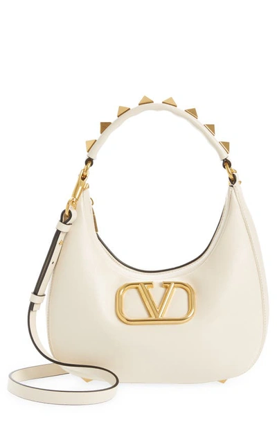 Shop Valentino Small Stud Sign Vlogo Leather Hobo Bag In Light Ivory