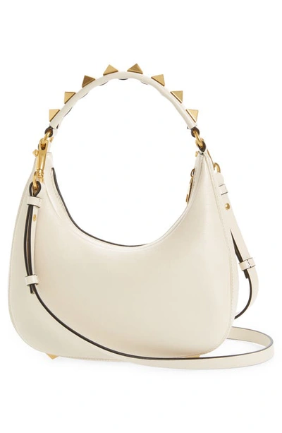 Shop Valentino Small Stud Sign Vlogo Leather Hobo Bag In Light Ivory
