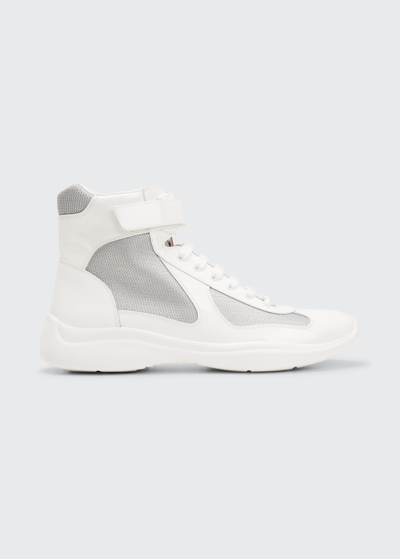 Shop Prada Men's America's Cup Patent Leather High-top Sneakers In Biancoarg