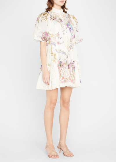 Shop Zimmermann Jude Floral Puffed-sleeve Mini A-line Dress In Spliced